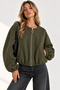 Khaki Cotton Woven Crew Neck Drop Shoulder Lined Zippered Bomber Jacket with Pockets - 2