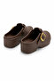 Brown Faux Leather Flat Textured Platform Sole Sabo Slippers with Gold Buckle Detail - 3