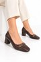 Bitter Brown Leather Textured Blunt Toe Five Centimeter Medium Thick Heeled Shoes with Chain Detail - 3