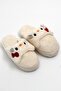 Beige Plush Textured Closed-Front Comfortable Slippers with Ribbon Detail, Suitable for Home and Garden Use