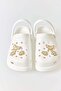 White, Lightweight, Soft-Soled, Comfortable-Shaped Sabo Slippers with Gold Accessory Details. - 3