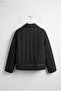 Black Polyester Fabric Stand Collar Zippered Quilted Coat with Drawstring Hem and Large Pockets - 2