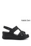 Women's Black Wedge Heeled Genuine Leather Sandals