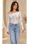 Women's Pink Patterned Off Shoulder Viscose Long Sleeve Blouse - 8
