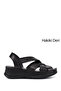 Women's Black Velcro Strap Wedge Heel Genuine Leather Sandals