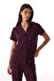 Burgundy Leopard Ribbed Short Sleeve Shirt Pants Pajama Set - 2
