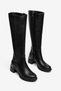 Women's Black Leather Metal Detailed Thick Block Heeled Below-The-Knee Boots - Comfortable and Stylish Trend