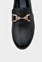 Women's Gold Buckle Black Genuine Leather Loafer - 2