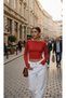 Red Crew Neck Basic Blouse Studded Ribbed Fabric Finger Detailed Bodysuit