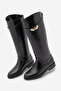 Women's Buckle Riding Boots with Bellows and No Zipper, Velote Black