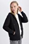 Women's Black Hooded Jacket Relax Fit Comfortable Cut Cotton 2-Ply Fleece Inside Double Pockets Zippered Cardigan - 4