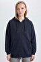 Women's Navy Blue Hooded Jacket Relax Fit Comfortable Cut Cotton 2-Ply Fleece Inside Double Pockets Zippered Cardigan - 4