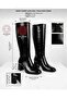 Women's Black Patent Leather Below-Knee Boots with Low Thick Heel and Zipper, Stylish for Winter - 3