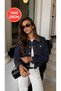 Women's Dark Jacket with Collar Detail and Pockets Denim Jacket