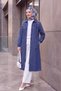 Long Denim Jacket with Pearl Shoulders and Ribbed Zipper Closure