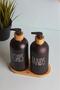 Gloria black 2-piece glass kitchen liquid soap dispenser set with stand - bamboo stand soap dispenser - 4