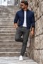 Men's Fit Nubuck Bomber College Collar Navy Blue Jacket - 3
