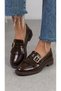 Women's Brown Patent Leather Tasseled Buckle Thick Sole Loafer Shoes