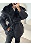 Women's Shiny Quilted Collar Fur Detailed Belted Long Oversize Coat