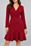 Women's Long Sleeve Double Breasted Collar Asymmetrical Flounce Detailed Short Imported Crepe Dress - 4