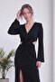 Women's V-Neck Brooch Detailed Slit Spanish Sleeve Crepe Dress Black - 4