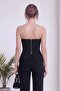 Women Strapless Asymmetric Collar Draped Blouse and Flare Pants Two Piece Set Black, Red, Beige - 7