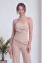 Women Strapless Asymmetric Collar Draped Blouse and Flare Pants Two Piece Set Black, Red, Beige - 6