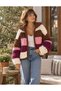 Women's Hand Knitted Puffy Yarn Retro 80's Pink Claret Red White Coffee Hooded Cardigan - 2