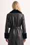 Women's leather look faux fur coat - black - 4