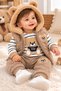 Baby Boy Teddy Bear Embroidered Hooded Vest 3-Piece Set Striped Sweatshirt and Pocketed Pants - 3