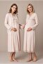 Women's Beige Lace Long Sleeve Maternity Nightgown Set with Easy Breastfeeding Dressing Gown - 3