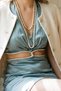 Stone Knot Crystal Stone Waistband Surrounded Chest Gathering Silver Sparkle Window Detail Deep V Neck Backless Satin Super Mini Party Dress - 6