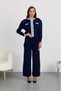 Women's Brown Denim Detailed Knitwear Double Set - Buttoned Cardigan and Wide-Legged Trousers - 2