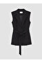 Black Belted Linen Blend Women's Classic Vest - 5