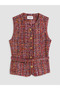 Red Patterned Belted Women's Tweed Vest - 5