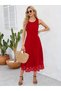 Women's Red Sleeveless Skirt with Laser Cut Floral Pattern, Midi Length, Imported Crepe Dress - 5