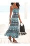 Women's Blue Thin Straps Ethnic Geometric Patterned Maxi Length Flared Summer Beach Dress - 3