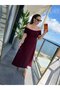 Women's Burgundy Madonna Collar Short Sleeve Off Shoulder A-Line Flared Midi Length Knitwear Dress - 3