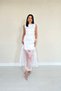 Women's White Sleeveless Crew Neck Midi Length Evening Dress with Tulle Detail at the Hem - 3