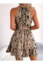 Women's Off-The-Shoulder Halter Neck Belted Waist Patterned Mini Single Jersey Dress - 5