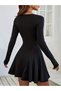 Women's Black Crew Neck Long Sleeve Flared Skirted Waist-Fitted Diver Fabric Mini Dress - 4