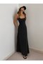 Women's Black Thin Straps Sleeveless U-Neck Flowy Lycra Long Maxi Dress - 4