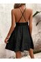 Women's Black Rope Strap Deep V-Neck Waist Cinched Wrinkled Fabric Flared Mini Dress - 5