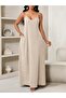 Women's Beige Rope Strap V-Neck Long Dress with Pocket Detail - 3