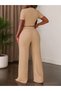 Women's Short Sleeve Crew Neck Wrinkled Crop Blouse and Pants Two-Piece Set - 3
