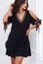 Women's Black V-Neck Off-Shoulder Tie Detailed Stripe Patterned Short Sleeve Mini Dress - 2