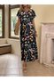 Women's Black Floral Patterned Crew Neck Short Sleeve Loose Maxi Length Casual Dress - 3