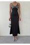 Women's Black Rope Strap V-Neck Sequin Detailed Satin Long Evening Dress - 2