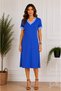 Women's Blue V-Neck Striped Short Sleeve Side Slit Midi Length Combed Cotton Casual Sports Dress
