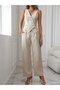 Women's Beige Zero Sleeve Cross V-Neck Front Buttoned Atlas Vest and Trousers Two-Piece Set - 2